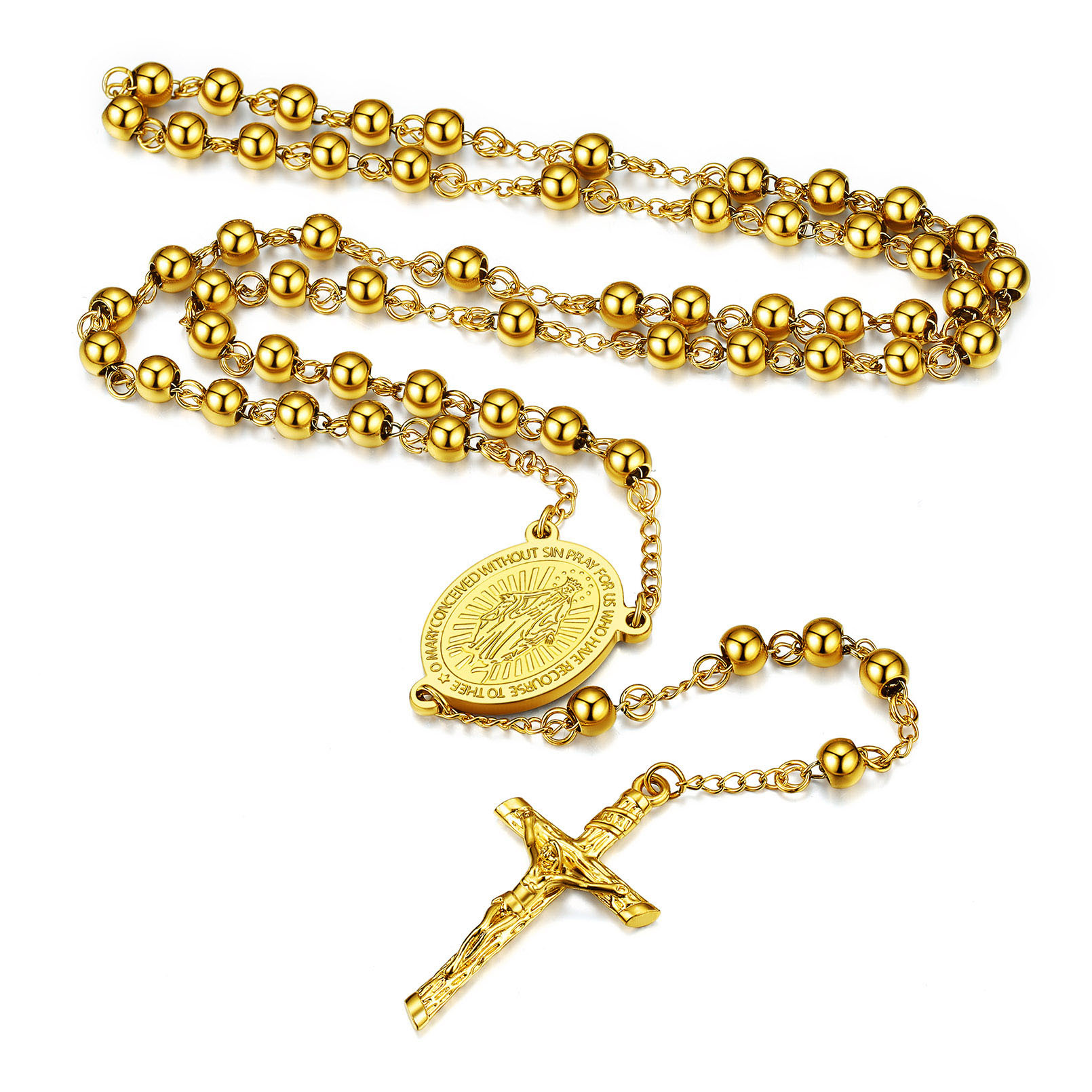 Collier Chapelet Catholique Vierge Marie avec Croix et Perles Or