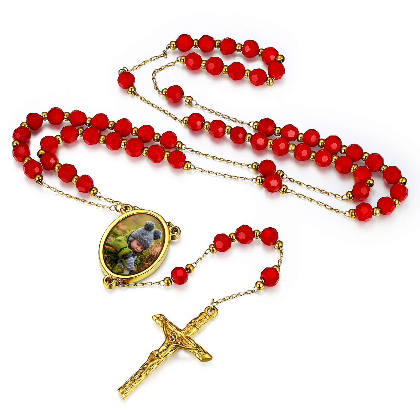 Collier Personnalisé avec Chapelet et Crucifix Catholique en forme de Y Rouge