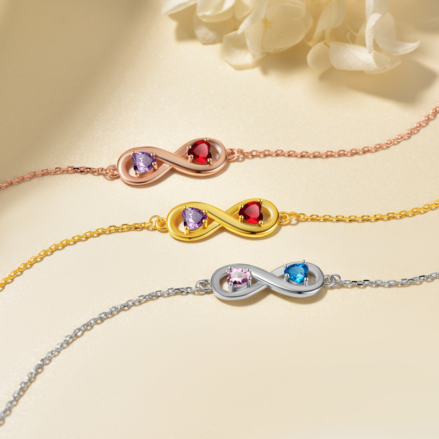 Bracelet Collection  Infini Personnalisé avec Prénoms et Pierres de Naissance en Argent Sterling