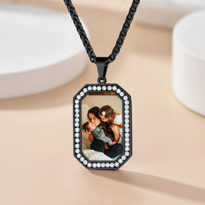 Collier Pendentif Photo Personnalisé avec Zircon Cubique pour Homme Noir