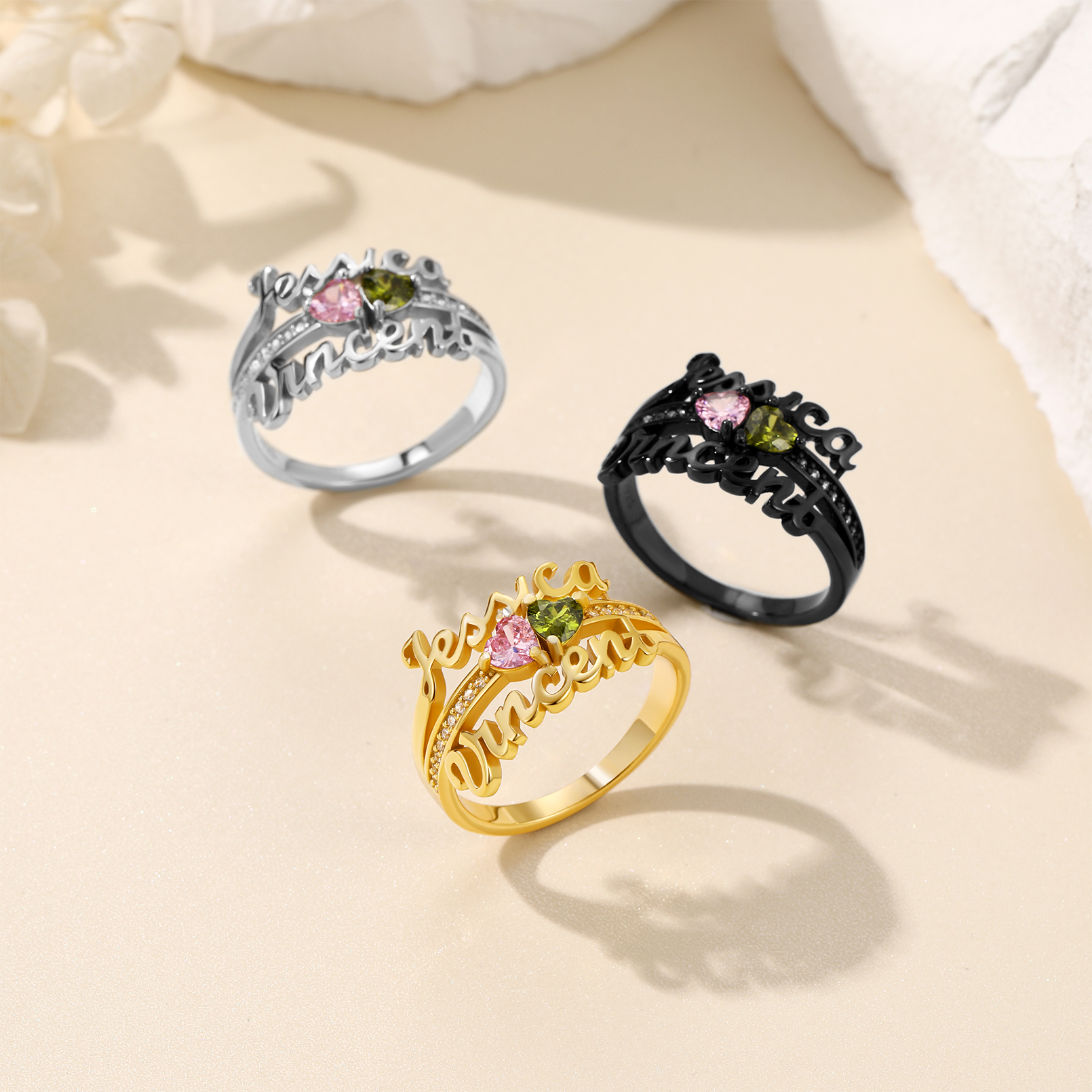 Bague Personnalisée avec 2 Pierres de Naissance Gravées Collection