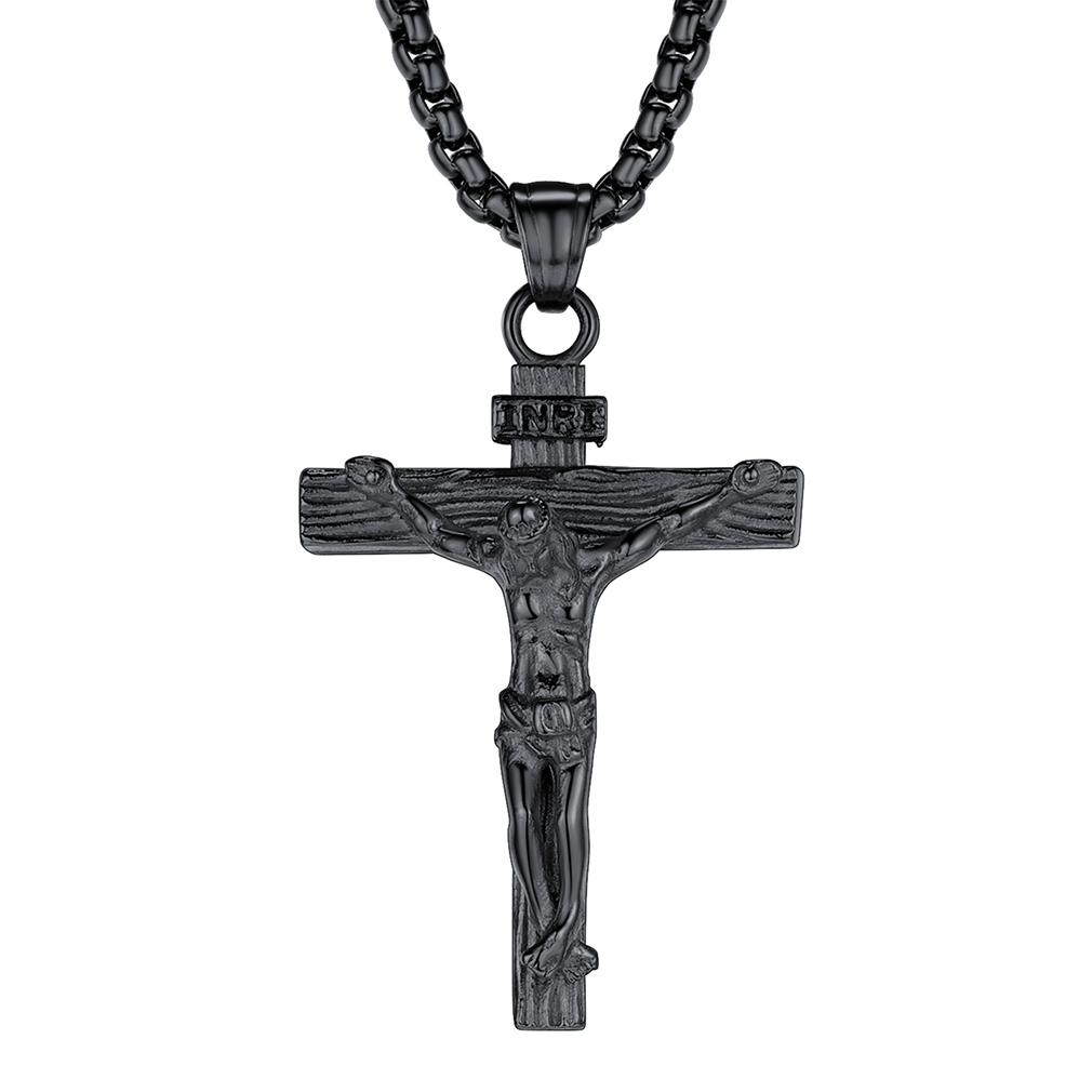 Collier Croix Catholique pour Homme - Acier Inoxydable Noir