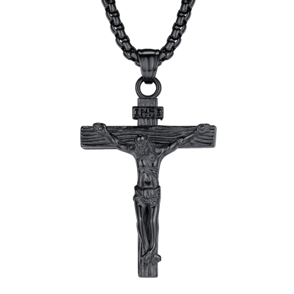 Collier Croix Catholique pour Homme - Acier Inoxydable Noir