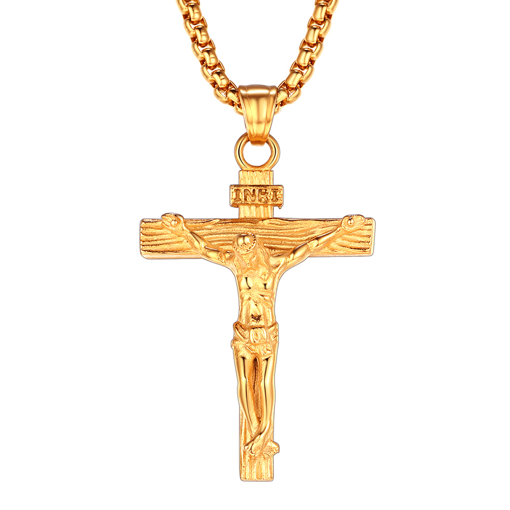 Collier Croix Catholique pour Homme - Acier Inoxydable Or