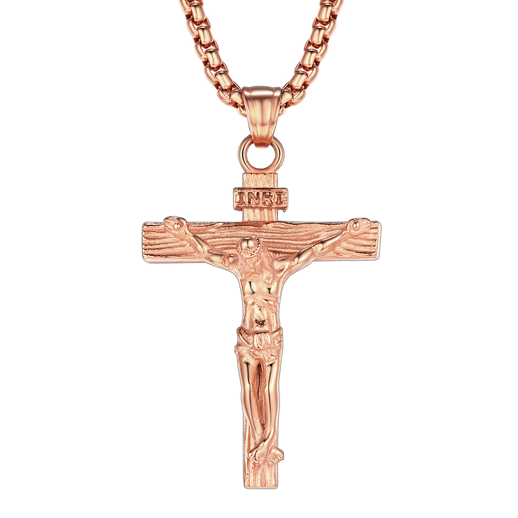 Collier Croix Catholique pour Homme - Acier Inoxydable Or Rose