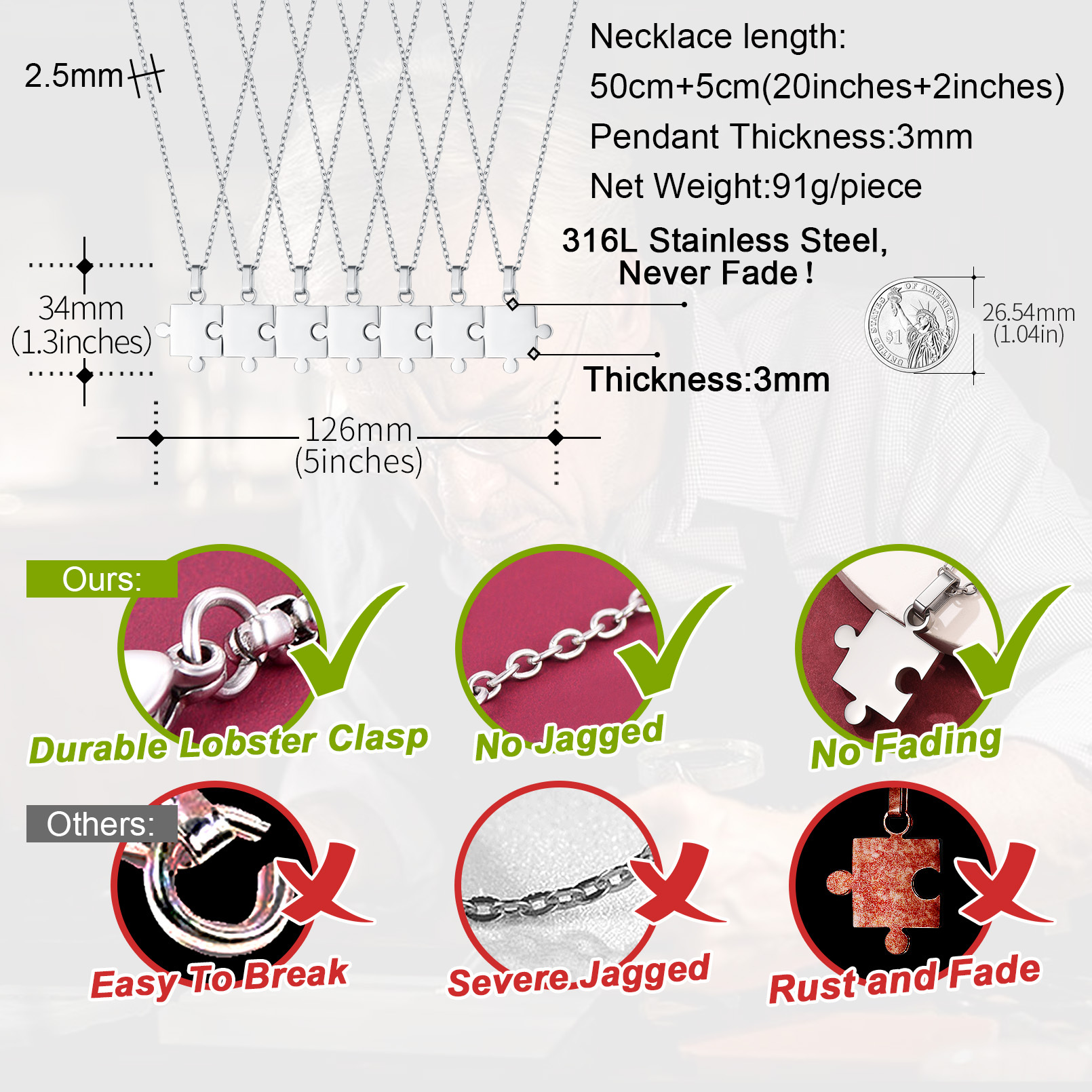 Collier Puzzle 7 Pièces Gravé en Acier Inoxydable pour Amis ou Famille Détail