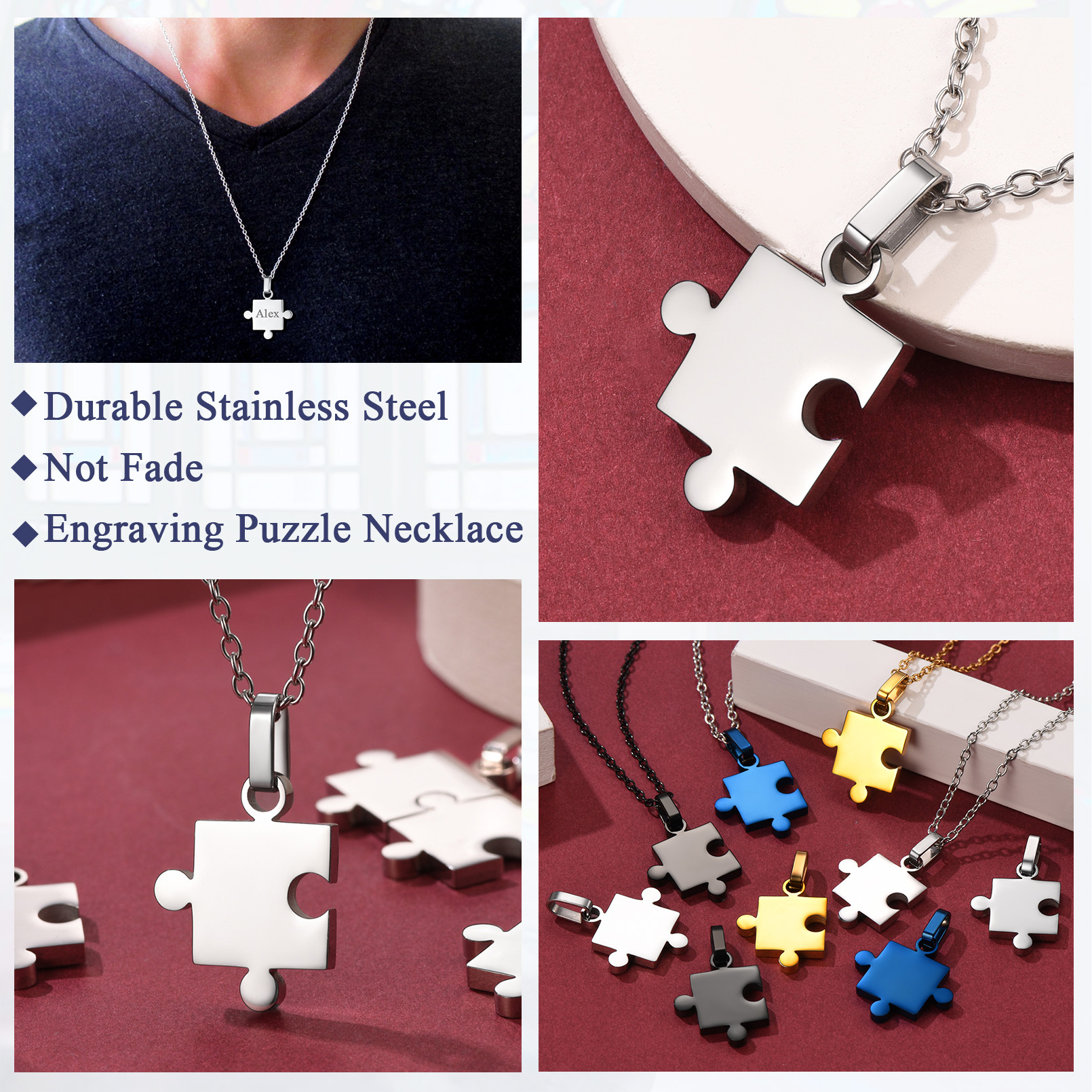 Collier Puzzle 7 Pièces Gravé en Acier Inoxydable pour Amis ou Famille Modèle
