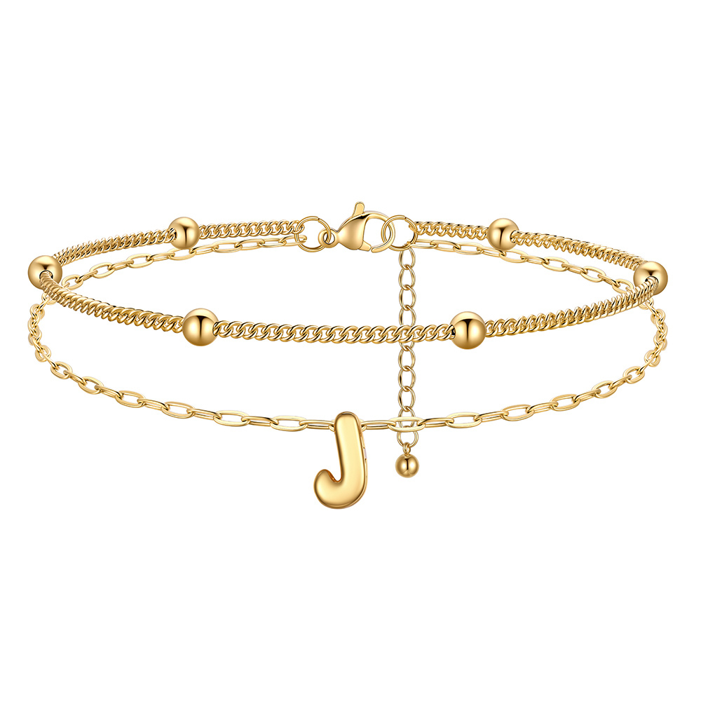 Bracelet Cheville Initial en Relief à Plusieurs Rangs Or J