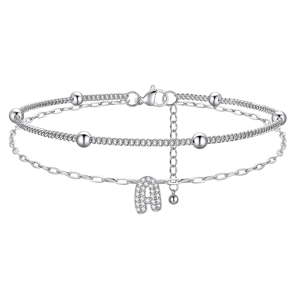 Bracelet de Cheville Double Chaîne à Perles et Initial Strass A