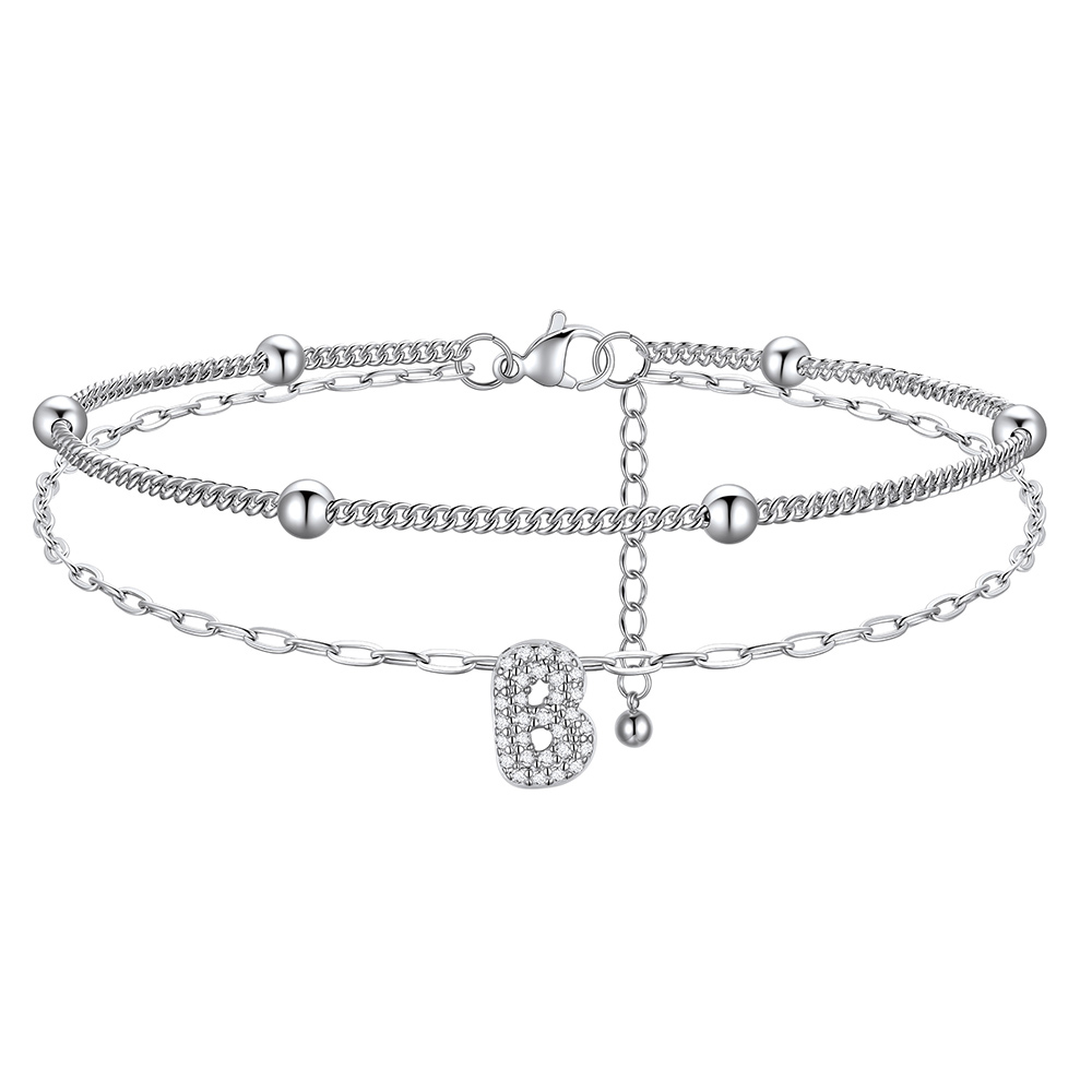 Bracelet de Cheville Double Chaîne à Perles et Initial Strass B