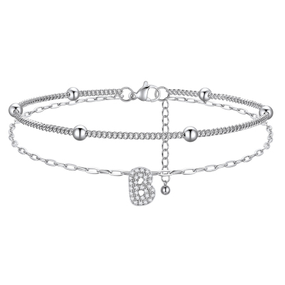Bracelet de Cheville Double Chaîne à Perles et Initial Strass B