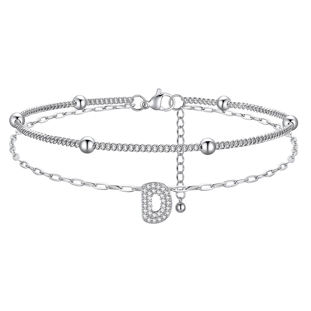 Bracelet de Cheville Double Chaîne à Perles et Initial StrassD