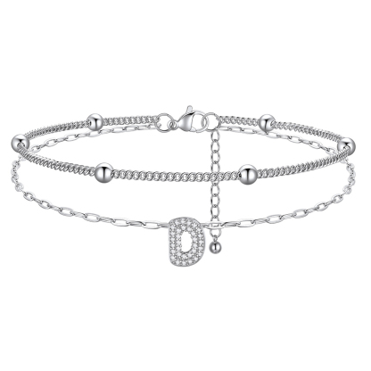 Bracelet de Cheville Double Chaîne à Perles et Initial StrassD
