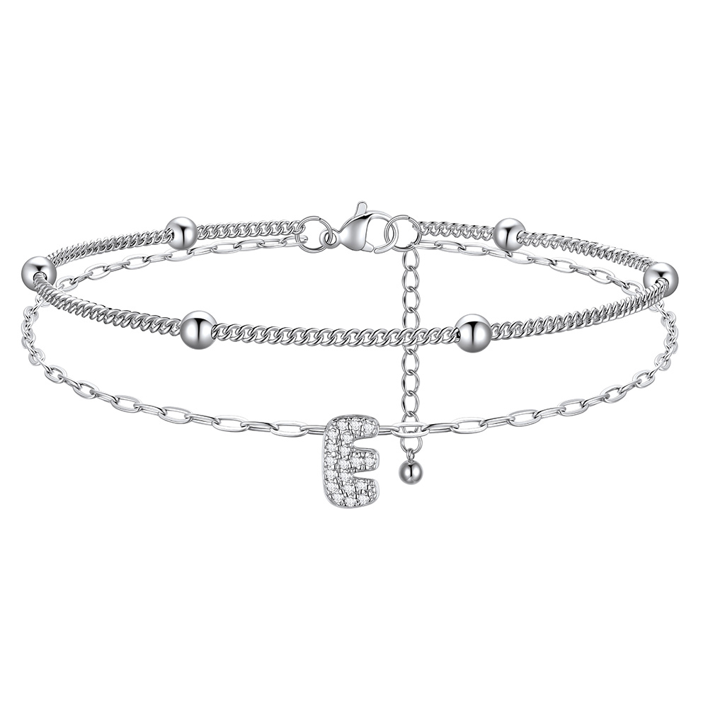 Bracelet de Cheville Double Chaîne à Perles et Initial Strass E