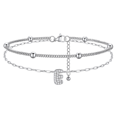 Bracelet de Cheville Double Chaîne à Perles et Initial Strass E