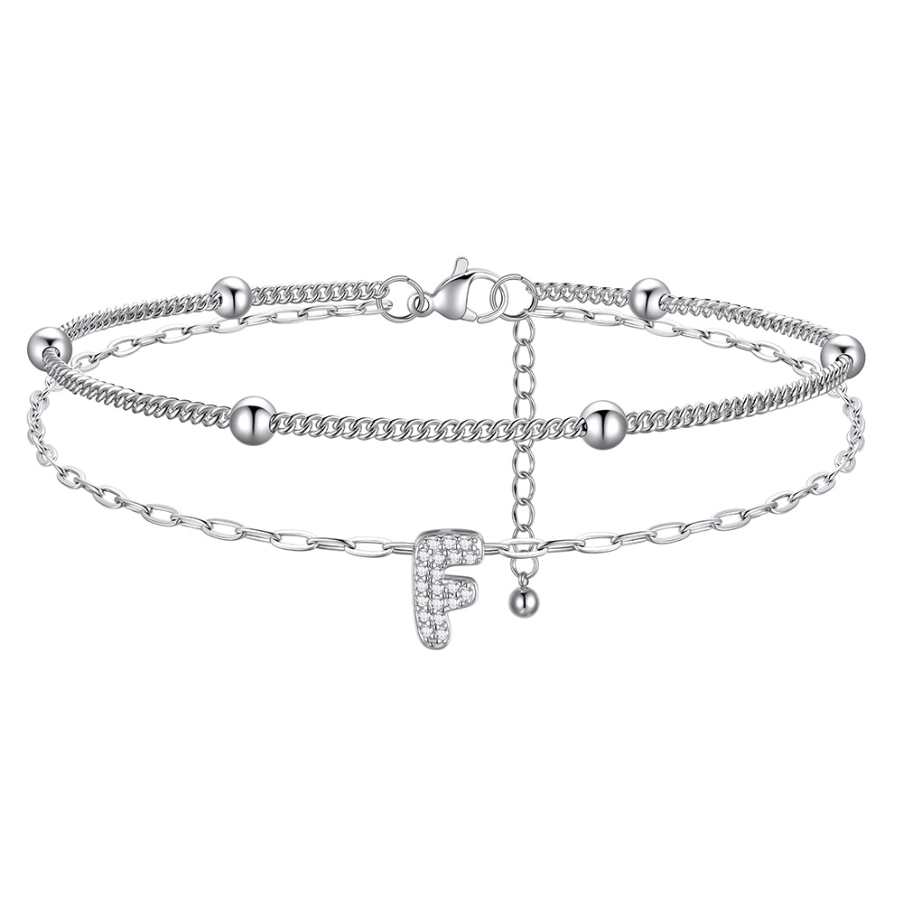 Bracelet de Cheville Double Chaîne à Perles et Initial Strass F