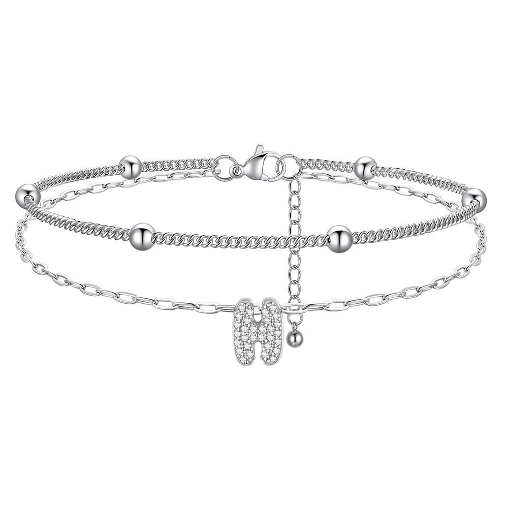 Bracelet de Cheville Double Chaîne à Perles et Initial Strass H
