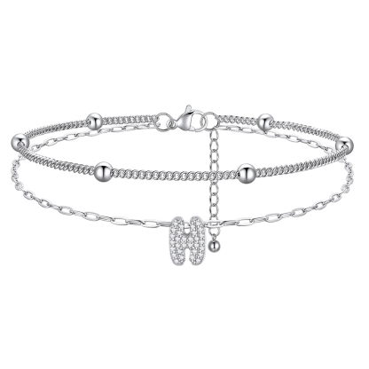 Bracelet de Cheville Double Chaîne à Perles et Initial Strass H