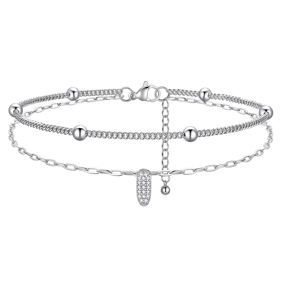 Bracelet de Cheville Double Chaîne à Perles et Initial Strass I