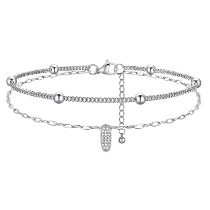 Bracelet de Cheville Double Chaîne à Perles et Initial Strass I
