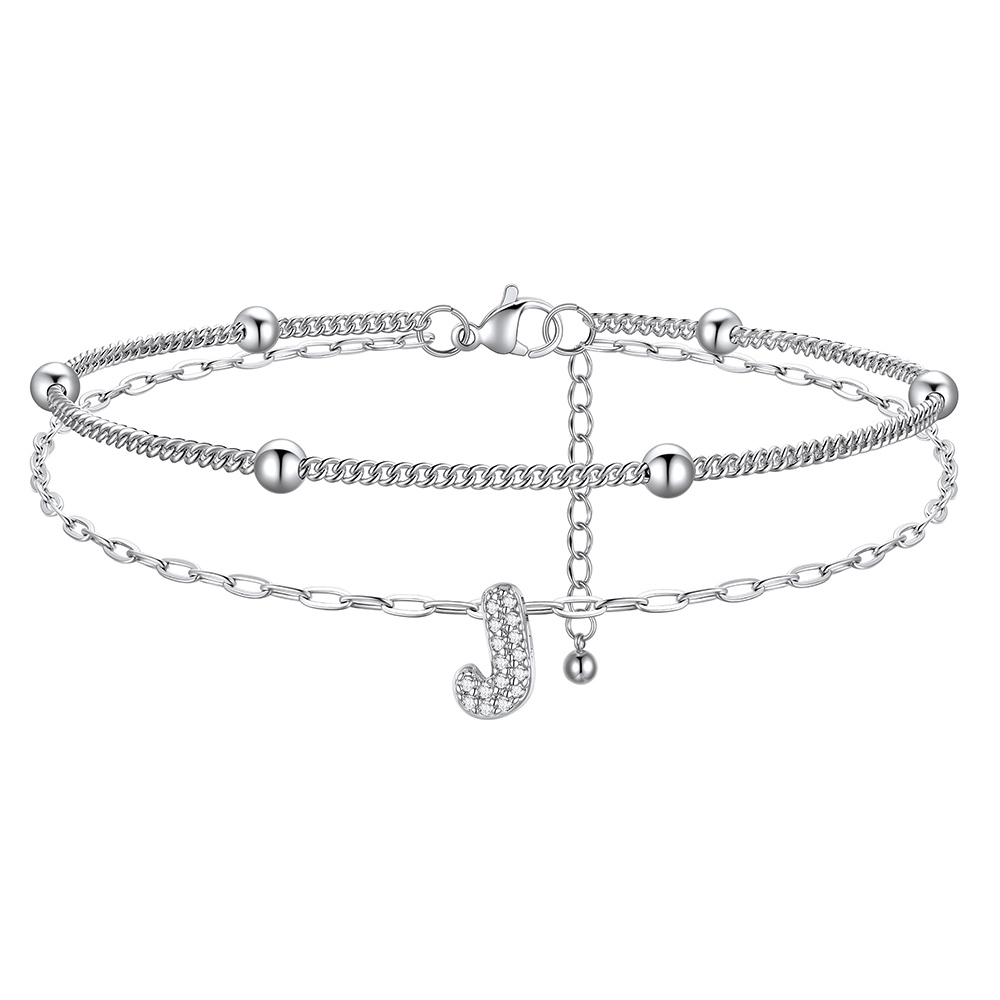 Bracelet de Cheville Double Chaîne à Perles et Initial Strass J