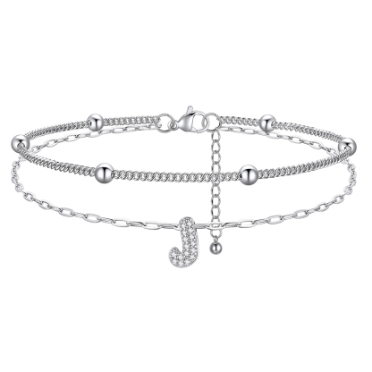 Bracelet de Cheville Double Chaîne à Perles et Initial Strass J