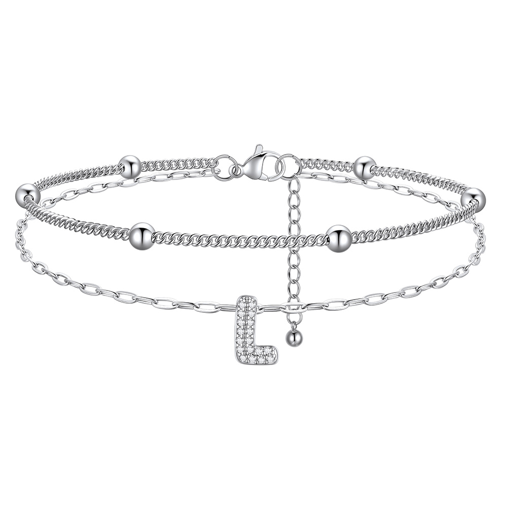 Bracelet de Cheville Double Chaîne à Perles et Initial Strass  L