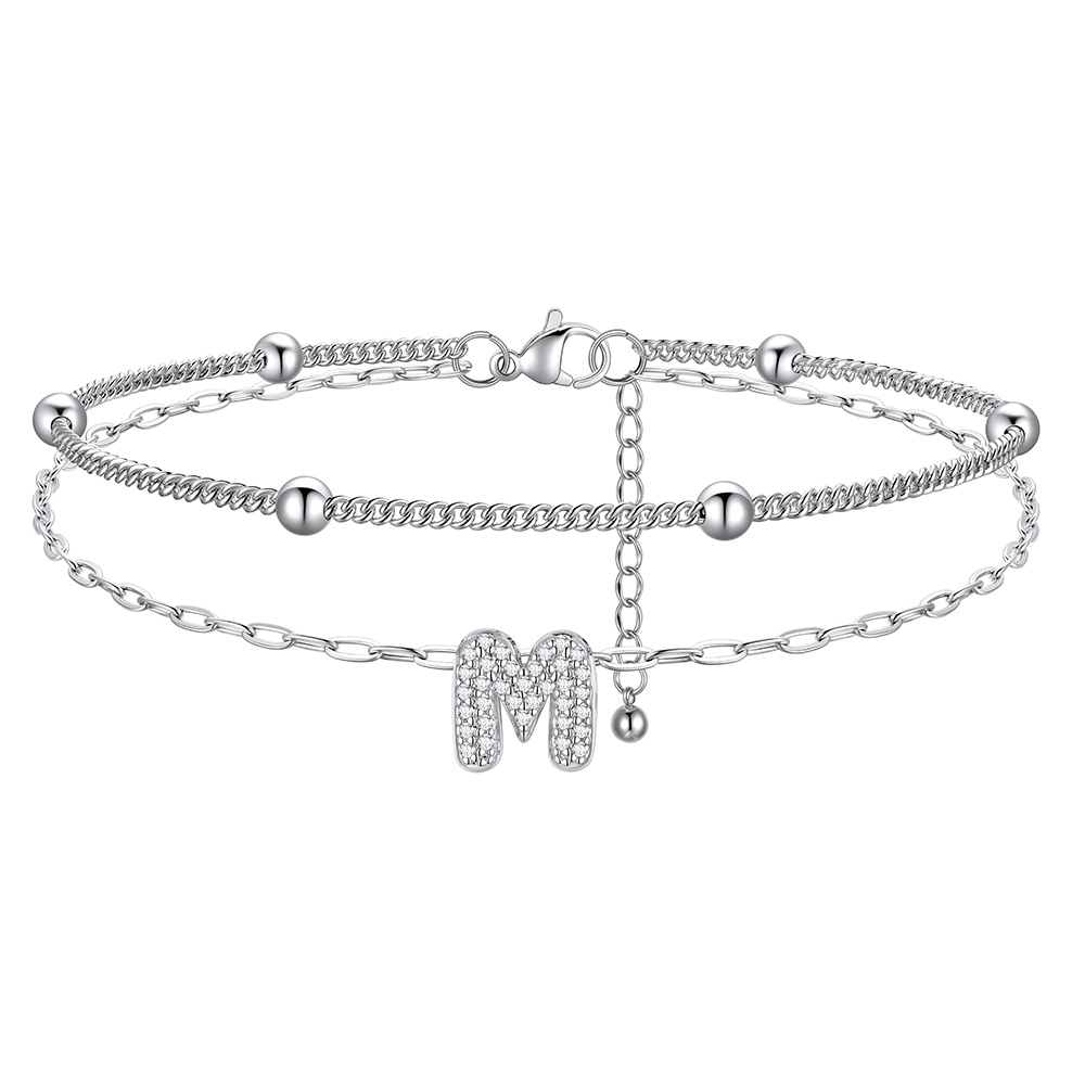 Bracelet de Cheville Double Chaîne à Perles et Initial Strass M