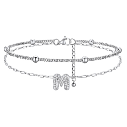 Bracelet de Cheville Double Chaîne à Perles et Initial Strass M
