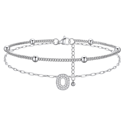 Bracelet de Cheville Double Chaîne à Perles et Initial Strass O