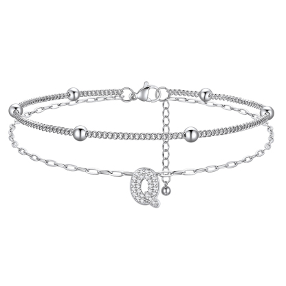 Bracelet de Cheville Double Chaîne à Perles et Initial Strass Q