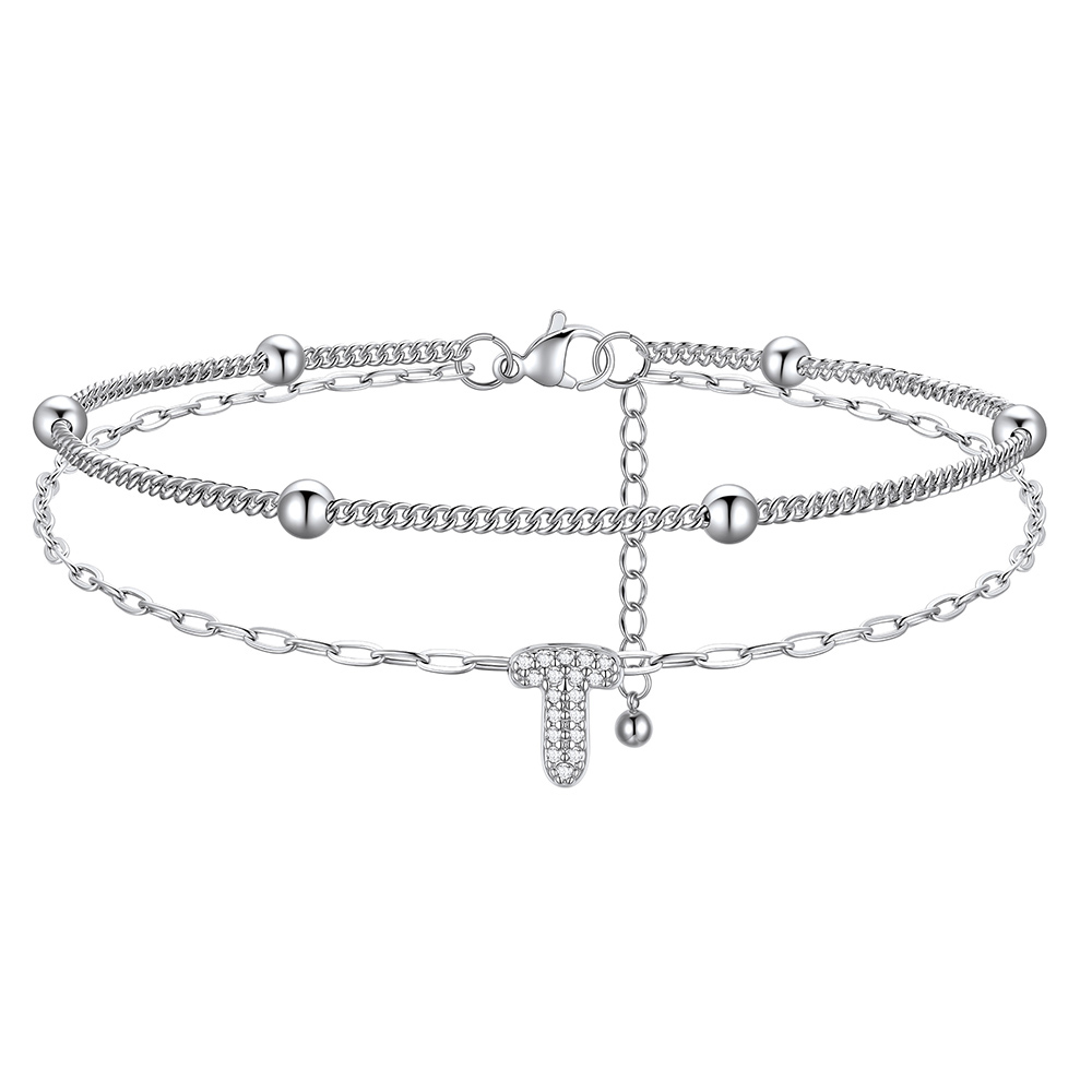 Bracelet de Cheville Double Chaîne à Perles et Initial Strass T