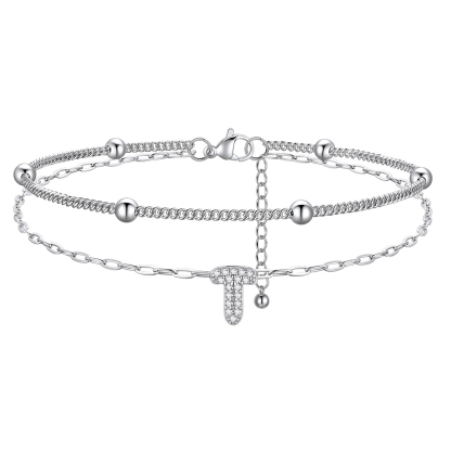Bracelet de Cheville Double Chaîne à Perles et Initial Strass T