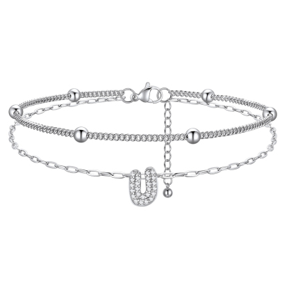 Bracelet de Cheville Double Chaîne à Perles et Initial StrassU