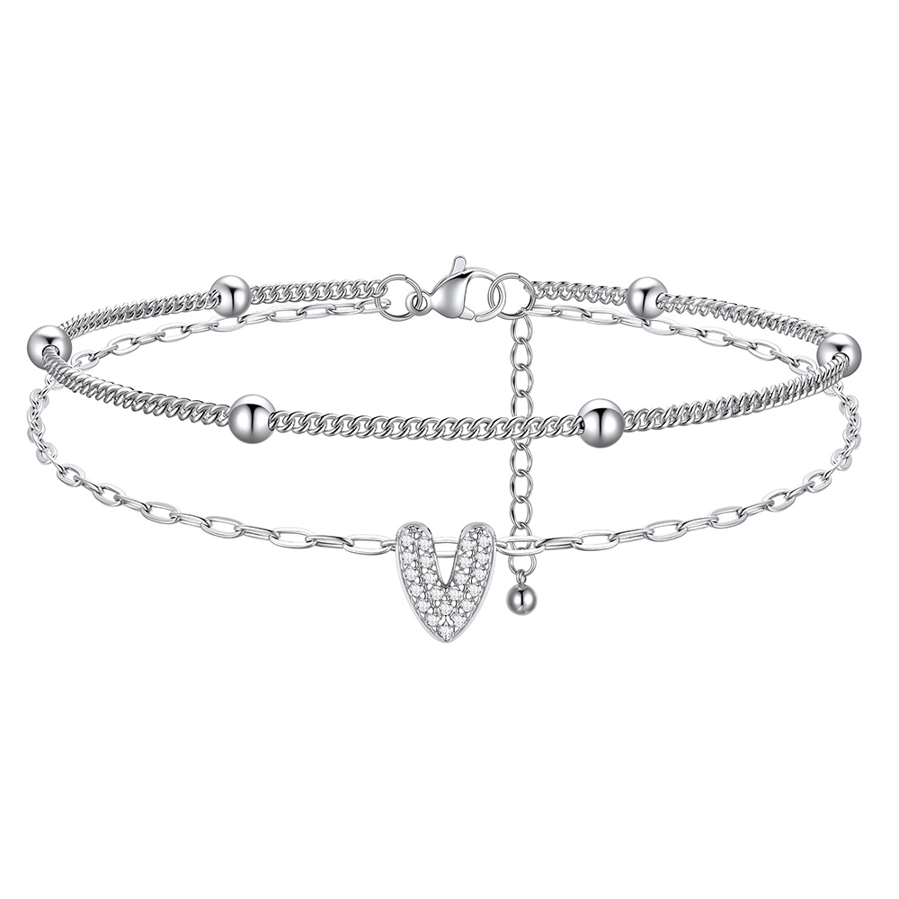 Bracelet de Cheville Double Chaîne à Perles et Initial Strass V