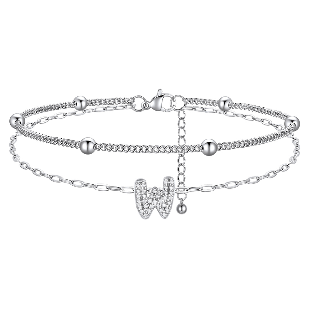  Bracelet de Cheville Double Chaîne à Perles et Initial StrassW