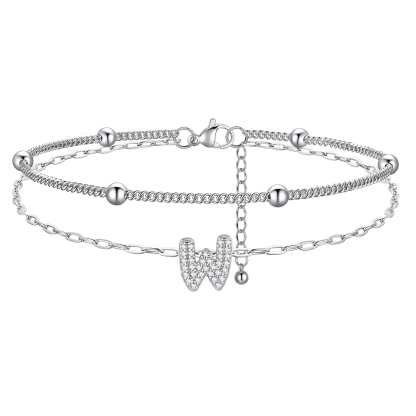  Bracelet de Cheville Double Chaîne à Perles et Initial StrassW