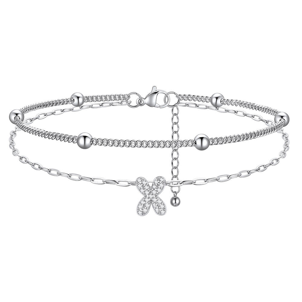 Bracelet de Cheville Double Chaîne à Perles et Initial Strass X