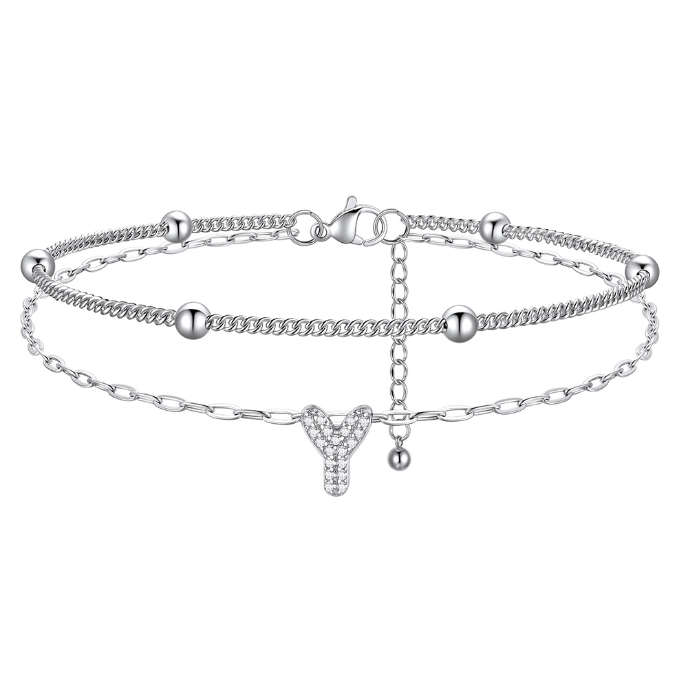 Bracelet de Cheville Double Chaîne à Perles et Initial Strass Y
