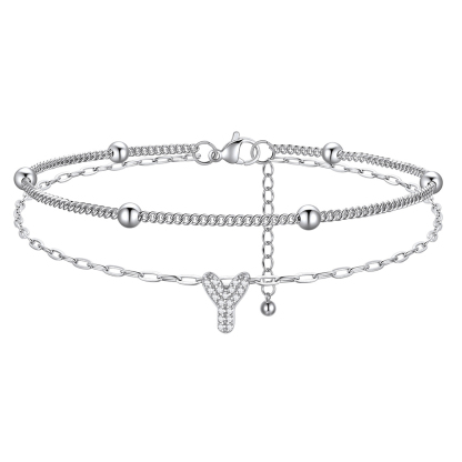 Bracelet de Cheville Double Chaîne à Perles et Initial Strass Y