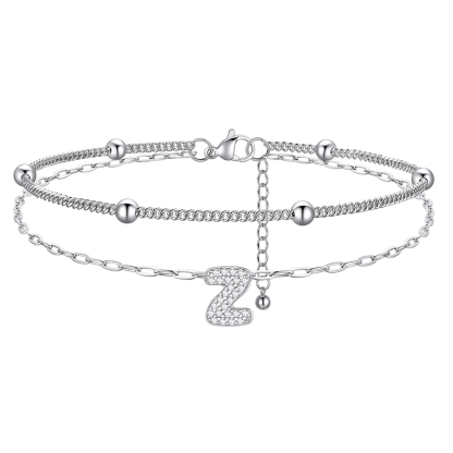 Bracelet de Cheville Double Chaîne à Perles et Initial Strass Z