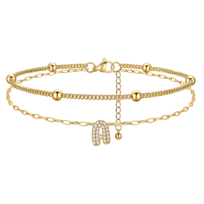 Bracelet de Cheville Double Chaîne à Perles et Initial Strass 