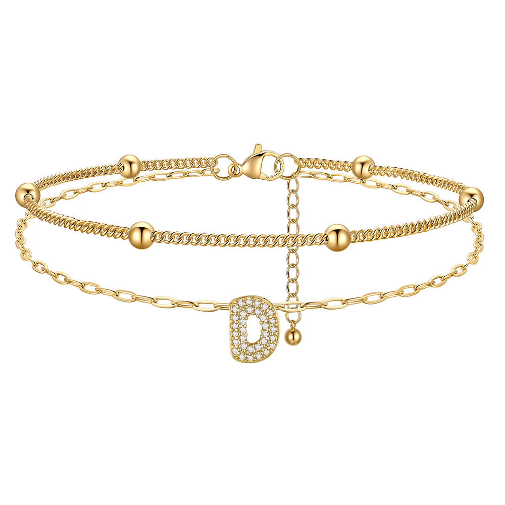 Bracelet de Cheville Double Chaîne à Perles et Initial Strass