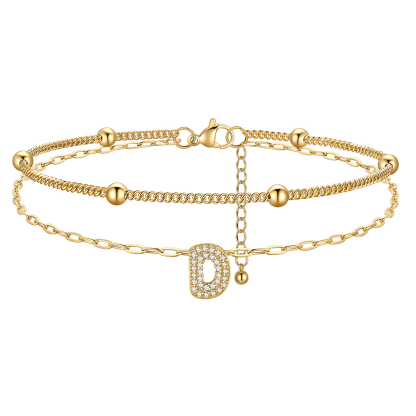 Bracelet de Cheville Double Chaîne à Perles et Initial Strass