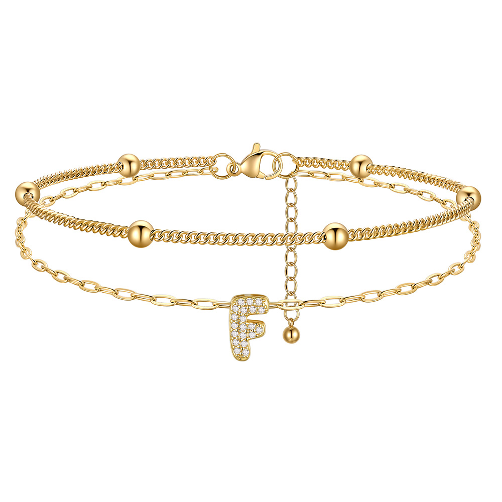 Bracelet de Cheville Double Chaîne à Perles et Initial Strass