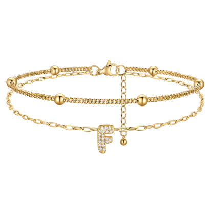 Bracelet de Cheville Double Chaîne à Perles et Initial Strass