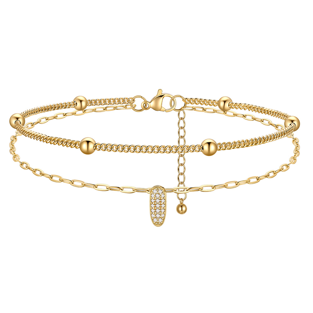 Bracelet de Cheville Double Chaîne à Perles et Initial Strass