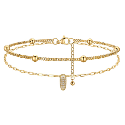 Bracelet de Cheville Double Chaîne à Perles et Initial Strass