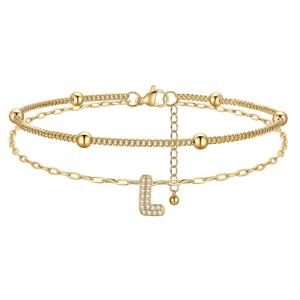 Bracelet de Cheville Double Chaîne à Perles et Initial Strass
