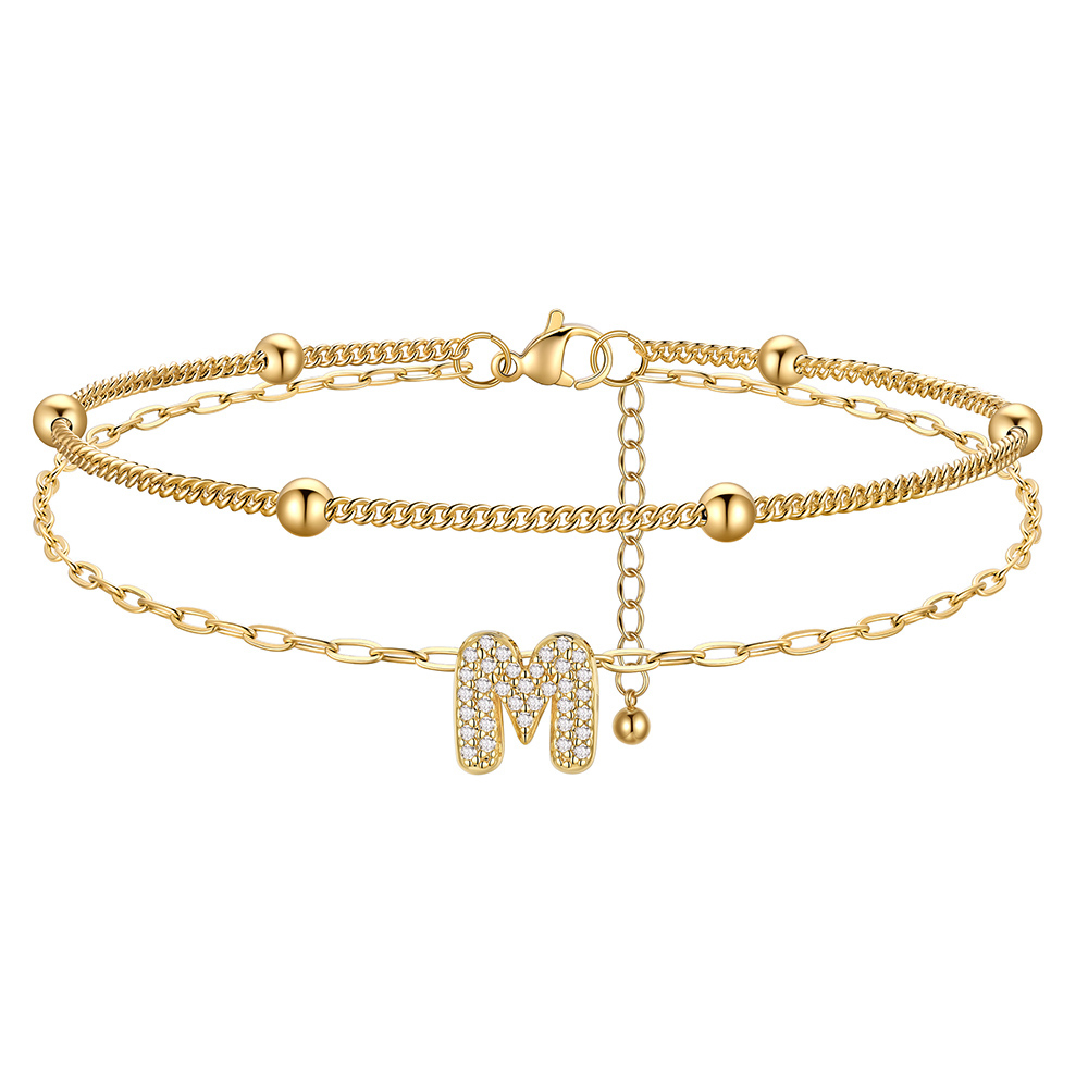 Bracelet de Cheville Double Chaîne à Perles et Initial Strass